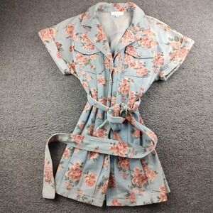 Mable Denim Mini Dress Belted Blue Rose Flower Print Size Small